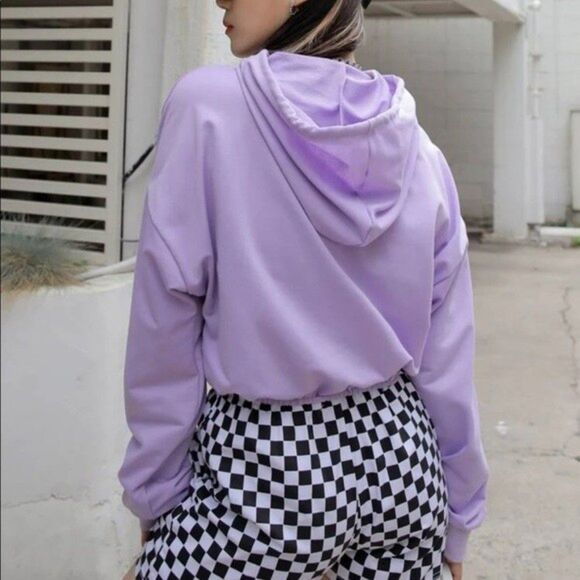 Dazy Purple Letter Words Patched Drawstring Hooded Sweatshirt - Picture 2 of 4